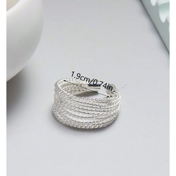 Silver Multi Layer Look Stack Ring Asymmetrical Open Back Wide Trendy Adjustable - Picture 4 of 6